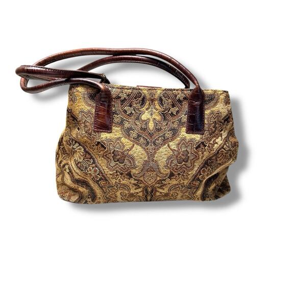 Vintage Fossil Floral Tapestry Carpet Handbag Purse Leather Satchel Boho - Picture 4 of 10